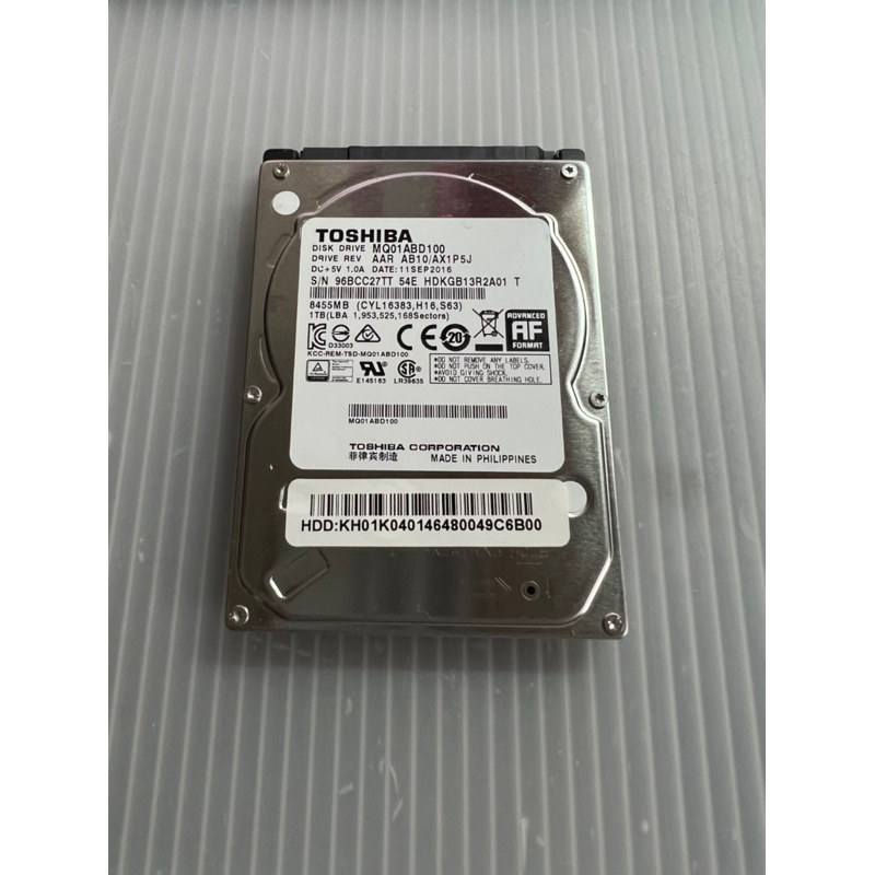 電腦雜貨店～東芝TOSHIBA MQ01ABD100 2.5吋硬碟 1TB 二手良品 $500