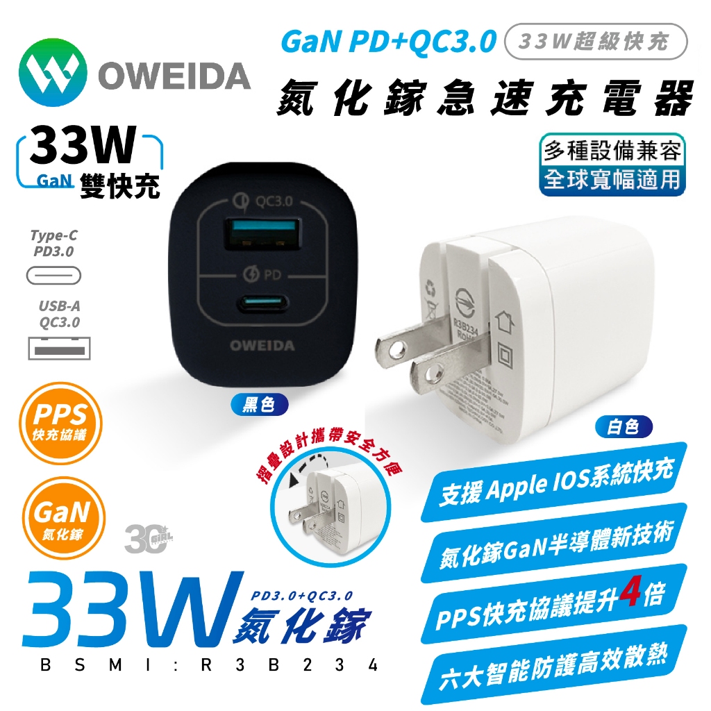 Oweida 33W GaN PD Type C A 充電頭 充電器 快充頭 適 iPhone 15 14 S24