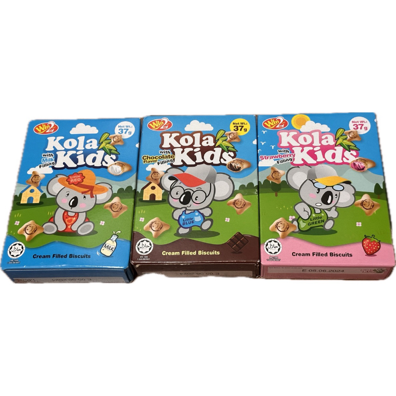 （即期）馬來西亞 Win2 Kola Kids 熊熊造型夾心餅 草莓/ 牛奶 /巧克力 37g ㄧ盒