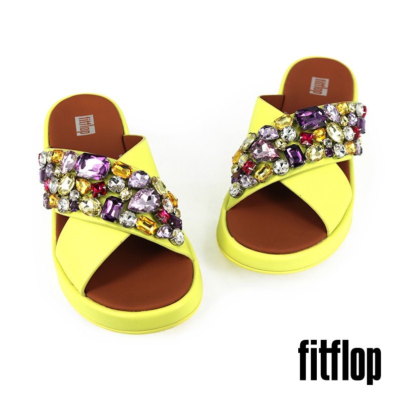 【FitFlop】女 F-MODE 華麗寶石皮革交叉涼鞋-12-14971 - 檸檬綠