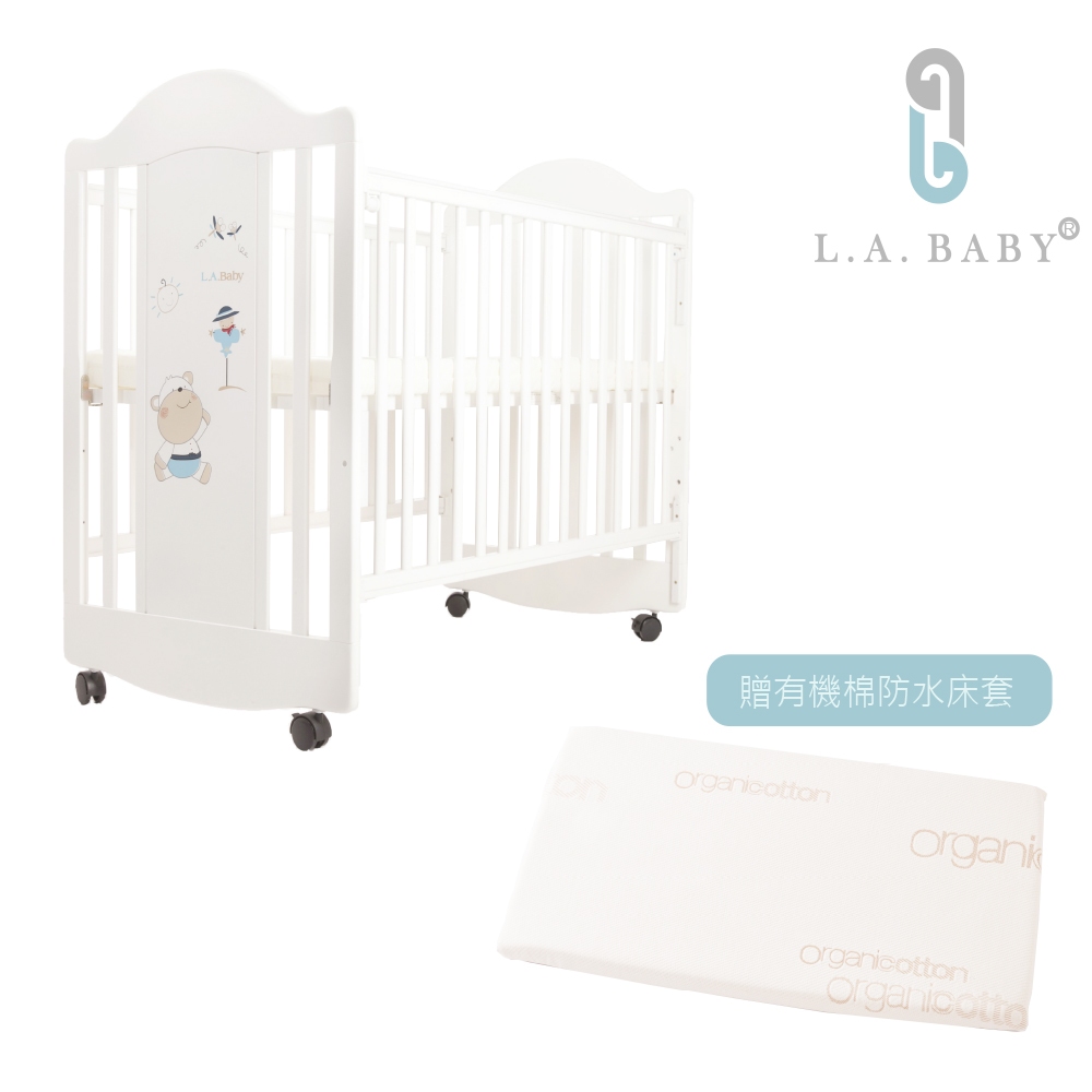 美國 L.A. Baby】達拉斯嬰兒床/搖擺中床/童床/原木床 +有機棉床包(超值兩件組/白色)