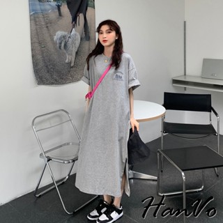 【HanVo】ftto字母簡約連身長洋裝 寬鬆休閒舒適中長裙 韓系女裝 女生衣著 3711