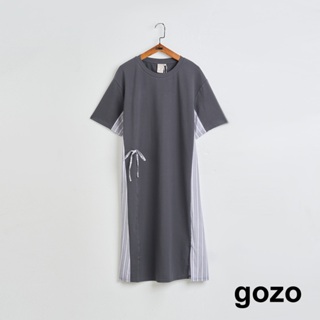 【gozo】➤蝴蝶結條紋拼接短袖洋裝(深灰/黑色_F) | 女裝 修身 休閒