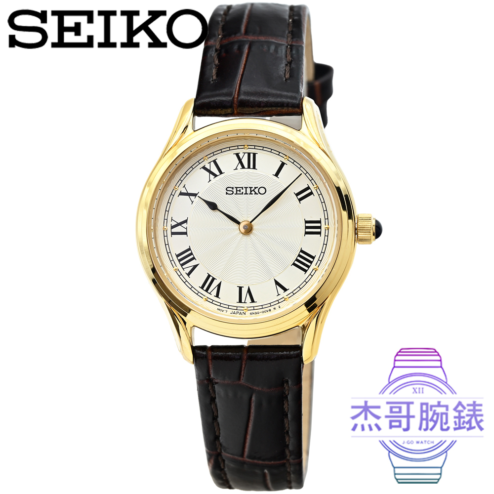 【杰哥腕錶】SEIKO精工典雅皮帶女錶-白面金框 / SSEH014