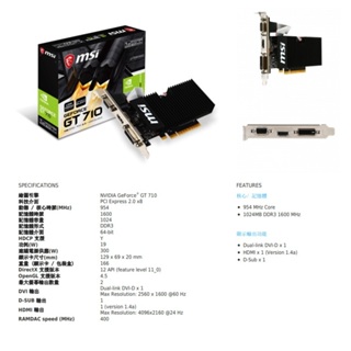 微星MSI GT 710 1GD3H LP 顯示卡 ◆顯示晶片：NVIDIA GeForce GT 710