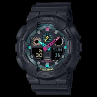 []錶子$行頭[] CASIO 卡西歐 G-SHOCK 酷炫霧面黑 螢光色點綴 大錶殼雙顯錶-(GA-100MF-1A)