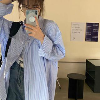 法式鹽系上衣！防曬襯衫 日系穿搭 襯衫外套 日系襯衫 藍色襯衫 女襯衫 夏季薄款 外套夏天 法式襯衫 藍色上衣 長版襯衫