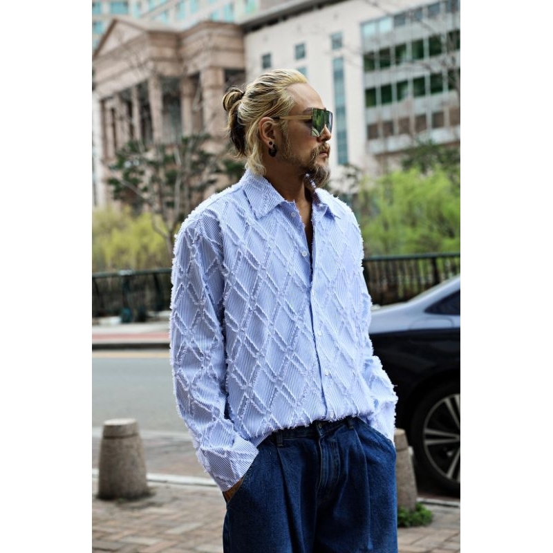 韓國男裝現貨 鑽石毛邊直條紋襯衫 韓潮著衣