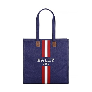 BALLY CRYSTALIA NCS條紋印花LOGO牛仔帆布磁吸式肩背托特包(牛仔藍)