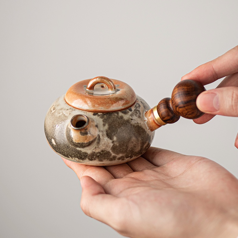 墨彩實木側把壺泡茶家用柴燒陶瓷復古窯變茶壺單壺日式泡茶器高級茶具