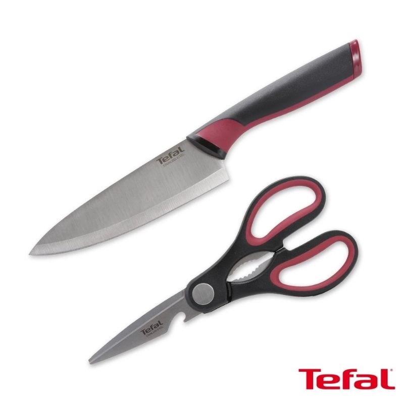 【Tefal 特福】不鏽鋼系列主廚刀15CM+廚房剪刀(2件組-紅)