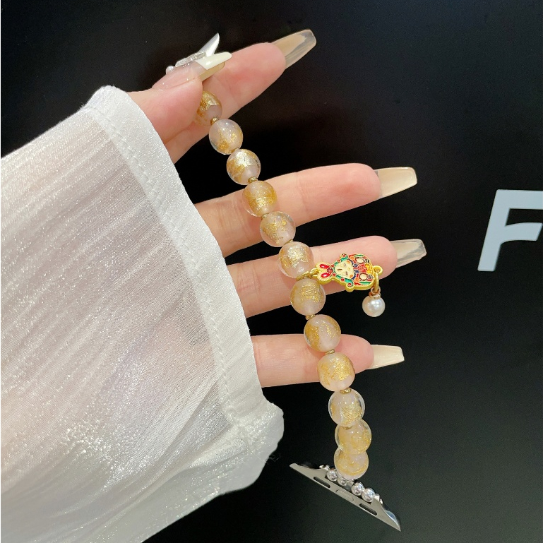 招財金箔琉璃兔子Applewatch錶帶 s10串珠錶帶 蘋果錶帶 SE S8S9 iwatch錶帶 新年款錶帶45mm
