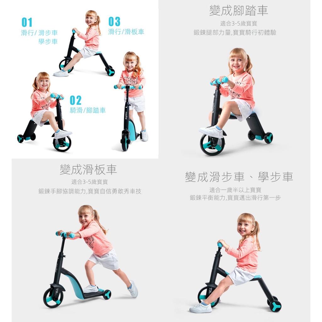 Nadle 納豆 兒童腳踏車+滑步車+滑板車 三合一 可調高度 藍色 TF3-1