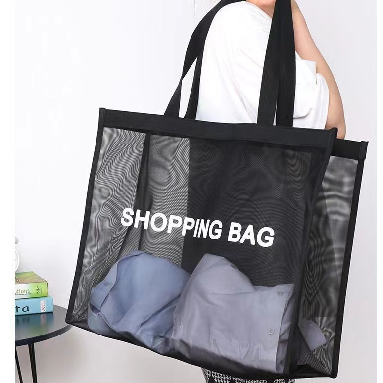 網紗購物袋透明網眼布大容量收納袋尼龍手提袋防水沙灘包