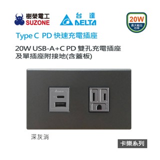 【樹榮電工SUZONE】20W USB A+C PD充電插座/Delta台達 Type C插座/台達電快充/卡樂蓋板