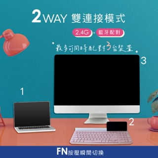 含稅一年原廠保固可超取KINYO馬卡龍色藍芽+2.4G雙模式多媒體熱鍵代置物槽無線鍵盤(GKB-362)