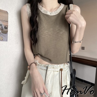 【HanVo】撞色領邊薄款質感背心 休閒修身顯瘦短版上衣 韓系女裝 女生衣著 0218