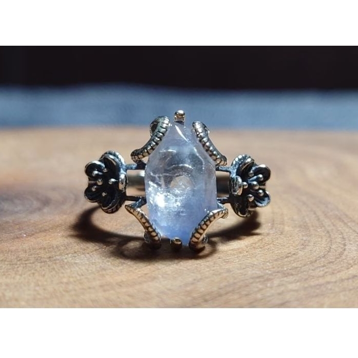 精品 天然 復古銀花鑲嵌 活圍 原礦雙尖 藍線石戒指 藍絨晶戒指 #1