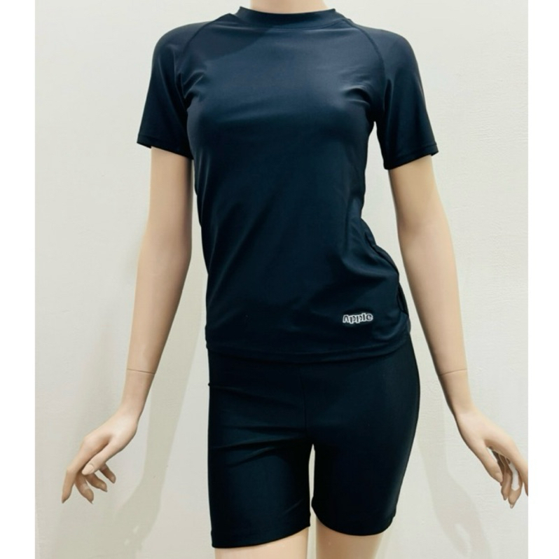 APPLE 蘋果牌 素色兩件式短袖泳裝 防曬 女生泳衣 付泳帽