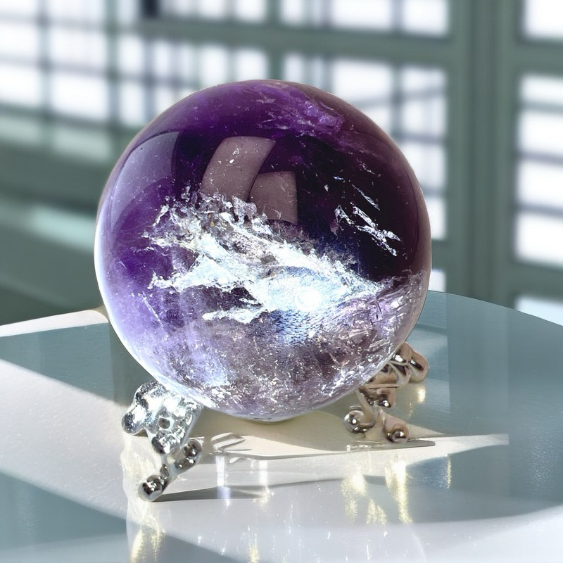 紫骸骨水晶球帶水膽彩虹天然水晶能量水晶（已打磨）
