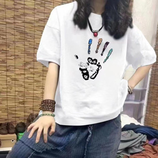 臺灣出貨【甜心T恤】純棉短袖T恤女 夏季短袖 韓版上衣 文藝印花手掌女士上衣 休閒寬鬆半袖T恤女 圓領上衣 短袖上衣女