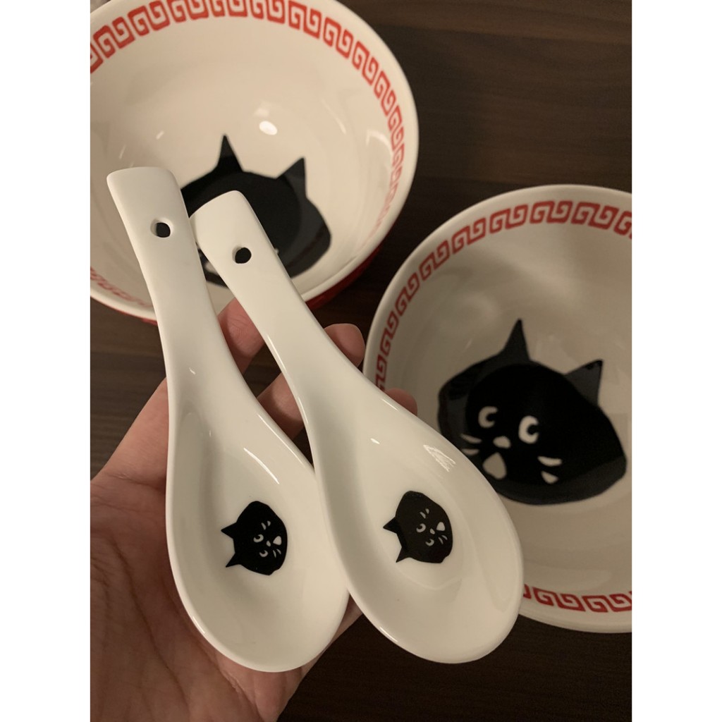 Nya醬日系ne-net驚訝貓 陶瓷湯匙 小黑貓湯匙飯匙小調羹 貓咪拉麵陶瓷湯匙