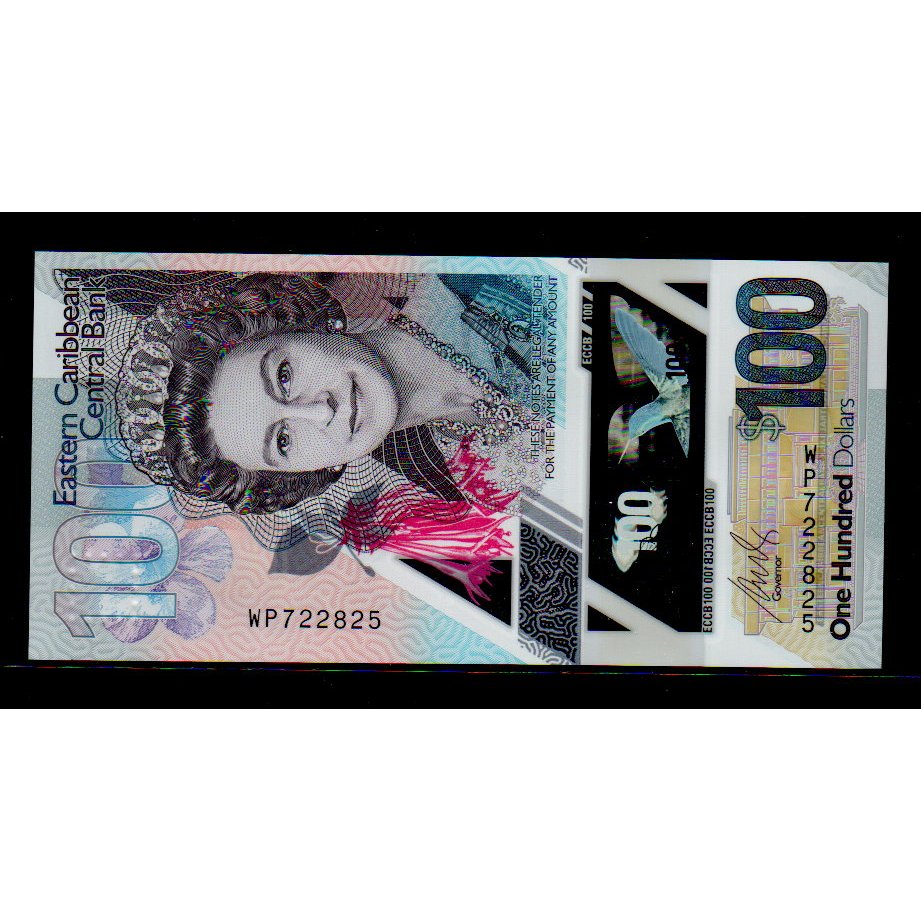 【低價外鈔】東加勒比 加勒比海 (2019) 年 100 Dollars塑膠鈔一枚 最高面額 伊莉莎白二世肖像 少見~