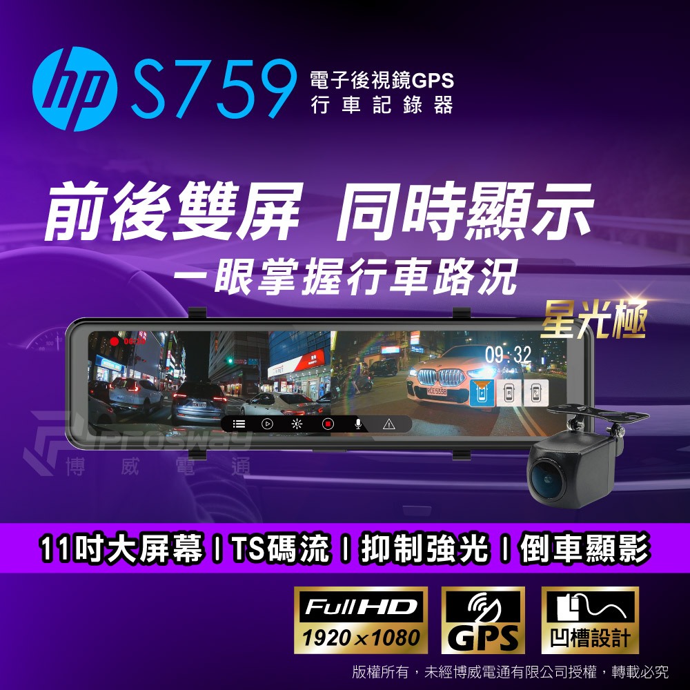 【福利品】HP 惠普 S759 後視鏡型 汽車行車記錄器(贈32G記憶卡)