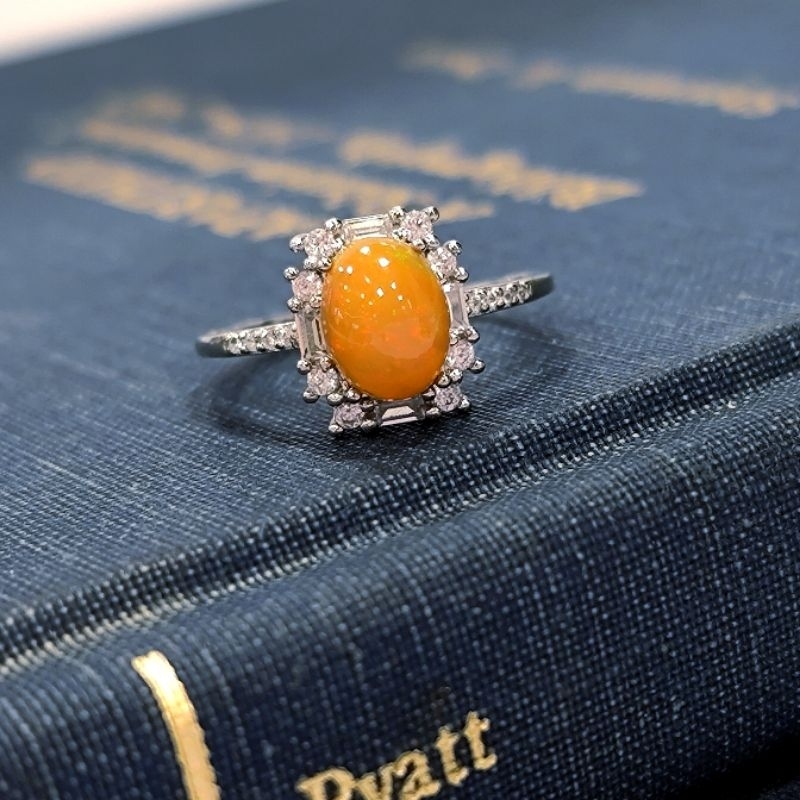 紅光橙底超美🇬🇧 英國帶回英國HARRODS天然澳大利亞opal 歐珀澳寶巨大顆水晶925純銀施華洛世奇水晶戒指