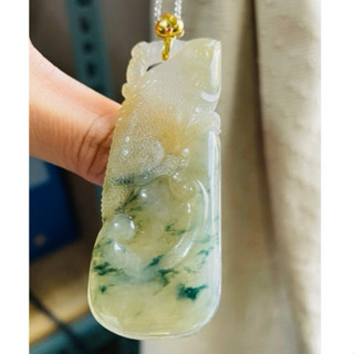 天然A貨緬甸玉 冰種三彩飄花手工雙面雕吸金千億/蜥蜴翡翠18K金玉墜 起光冰黃白帶藍花多多