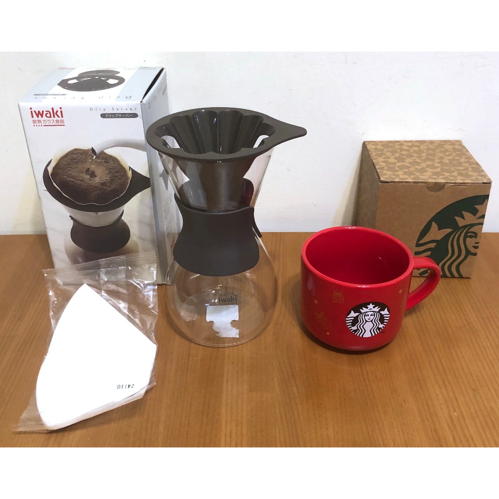 日本岩城IWAKI KT-8694-BR 手沖造型咖啡濾器組 600ml+星巴克 STARBUCKS 馬克杯 444ml