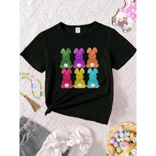 全新商品-小女童復活節可愛卡通兔子印花短袖T恤 黑色3Y~4Y 零碼