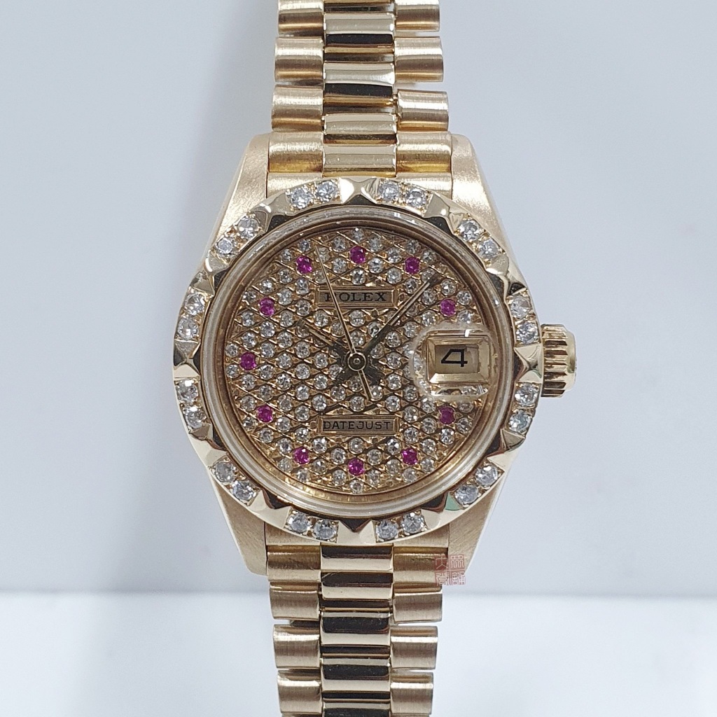 ROLEX勞力士 69178 Datejust 蠔式女錶 18K金 後加滿天星紅寶鑽面 後加金字塔鑽圈 大眾當舖B002