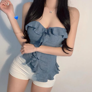 🇰🇷Korea韓國連線·正韓 ㄧ字領荷葉邊平口上衣 荷葉邊上衣 牛仔上衣 不對稱 不規則 平口背心 牛仔背心 露肩 純欲