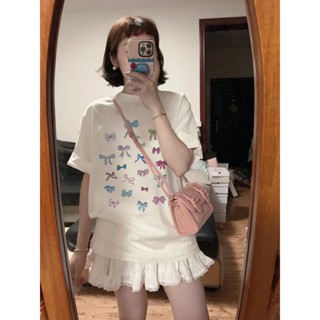 【林木木】純棉上衣 蝴蝶結印花 可愛上衣 休閒穿搭 學院風 oversize 短袖t恤 短袖上衣 上衣女 印花ins上衣