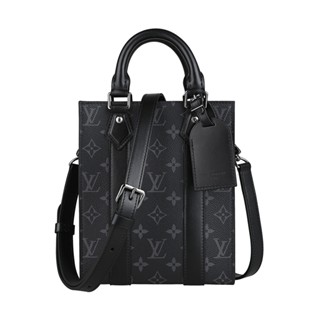 LV M46453 Sac Plat Mini 吊牌壓印LOGO Monogram Eclipse帆布搭牛皮手提斜背包(