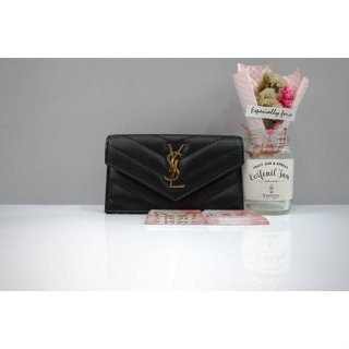 優買二手精品名牌店 YSL 612808 黑色 魚子醬 荔枝皮 金色 LOGO 拉鍊 零錢袋 卡夾 證件套 信用卡夾 全