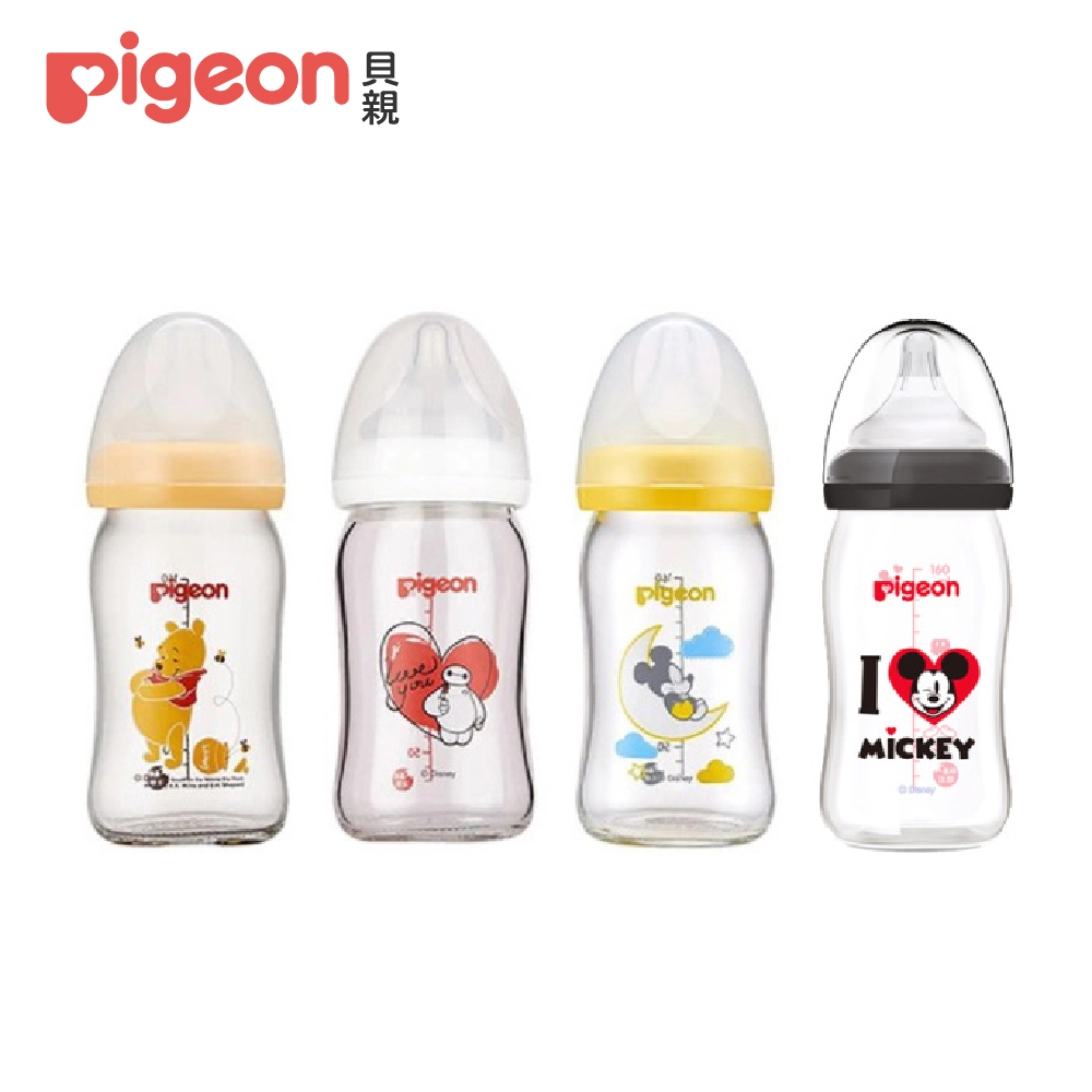 【Pigeon 貝親】第二代迪士尼寬口玻璃奶瓶160ml+贈奶瓶保護套(顏色隨機P26721/P26722)