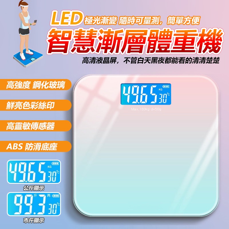漸層體重機LED智慧 LED體重計 鋼化玻璃 計電子秤 馬卡龍 男女 溫度計 智能體重計  漸變 省電節能(黃小鴨)