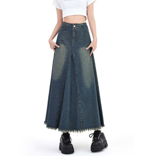 牛仔裙 半身裙 中長款 S-3XL 新款美式毛邊顯瘦a字復古高腰大擺裙NA28-A--65391.衣時尚