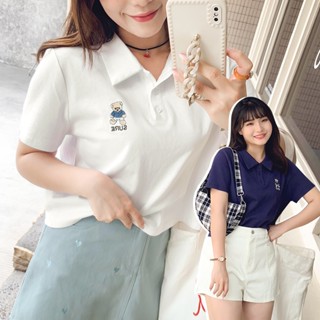 CCGIRL中大尺碼 泰迪學院風刺繡設計翻領短袖上衣-共 2 色-適L～5L《 31188 》中大尺碼 中大尺碼