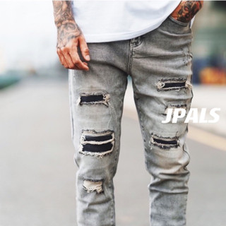 【JPALS】 現貨秒發 復古水洗 霧灰 超彈力 重磅 補丁 牛王 顯瘦 修身 牛仔褲 牛仔 水洗 刀割「JP08」