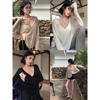 【柒月服裝~】韓版薄款上衣 透視上衣 t恤女 v領上衣 寬鬆上衣 慵懶風打底衫 防曬罩衫 性感 辣妹上衣 夏季女生上衣