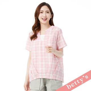 betty’s貝蒂思(31)假兩件格紋V領壓摺上衣(粉色)