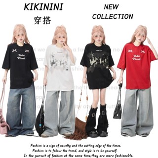 【kikinini】美式字母印花長版上衣 短袖t恤 oversize t恤 潮牌衣服 正肩上衣 短袖上衣 寬鬆上衣 顯瘦