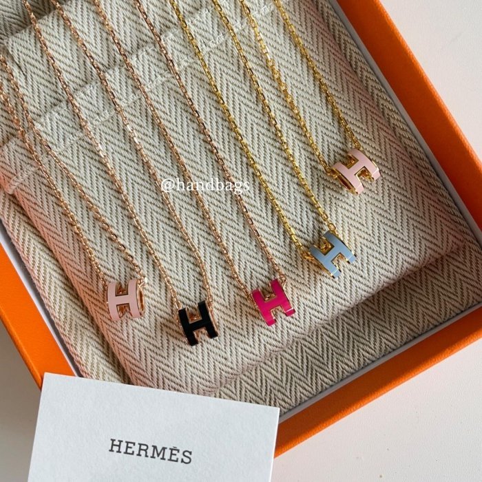 HERMES 新款 橢圓 H MINI POP 粉色 琺瑯 玫瑰金鏈 項鍊