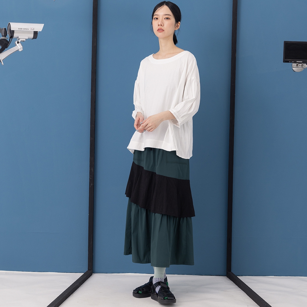 【MOSS CLUB】花苞腰頭荷葉拼色蛋糕長裙 黑 綠