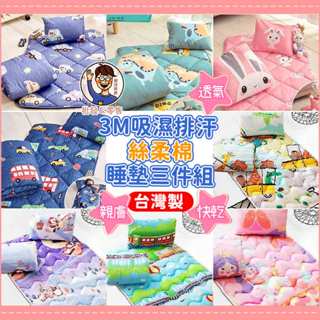批發✓附發票✉ 臺灣製幼兒園【兒童睡墊三件組-柔棉款】附提袋🛍 睡袋 三件組 涼被 枕頭 3M吸濕排汗絲柔棉 透氣絲柔棉