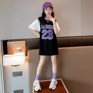 🎉臺北現貨天天出貨🚚女童中長款短袖T恤裙夏裝中大童假兩件女孩連衣裙休閒運動上衣潮