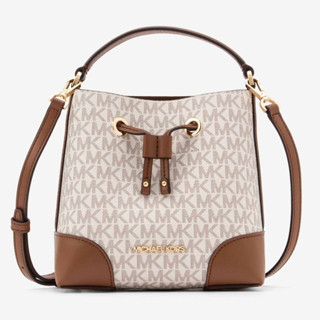 【美麗小舖】MICHAEL KORS MK 白色老花防刮PVC塗層帆布 手提包 側揹包 水桶包 斜揹包~M24781